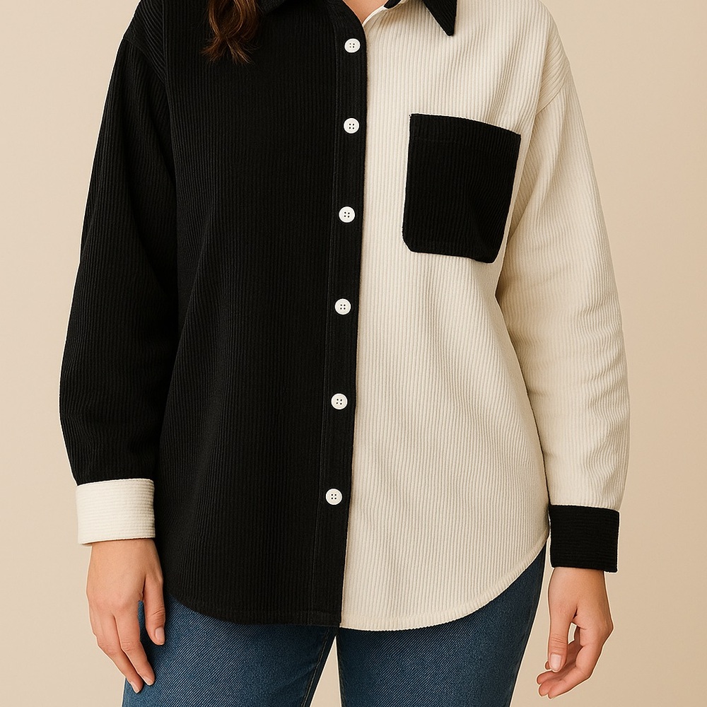 Oversized Black & White Corduroy Button-Down Shacket – Women’s Size Large